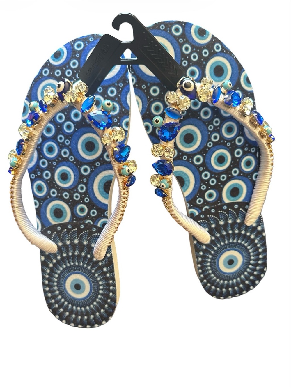Havaianas hand  Beaded evil eye patterned Women’s Flip Flops. Size 7/8. - Picture 2 of 6